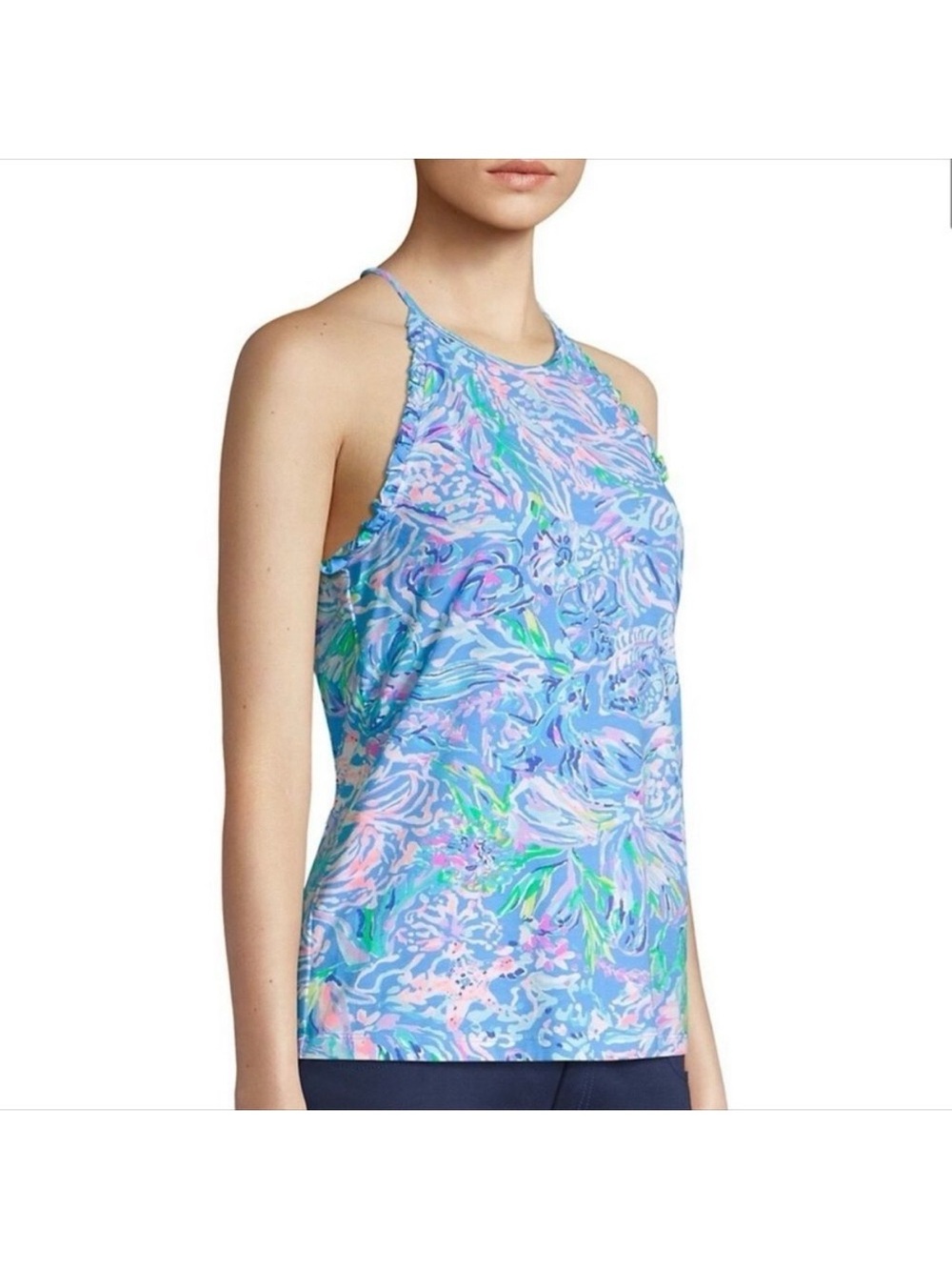 LILLY PULITZER Alek All Together Now Halter Tank Top Ruffle high-neck coastal